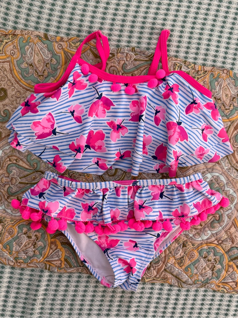 Nicole Miller Girls Blue & Hot Pink Floral Pom Ruffle Two-Piece Swim Set Size 4